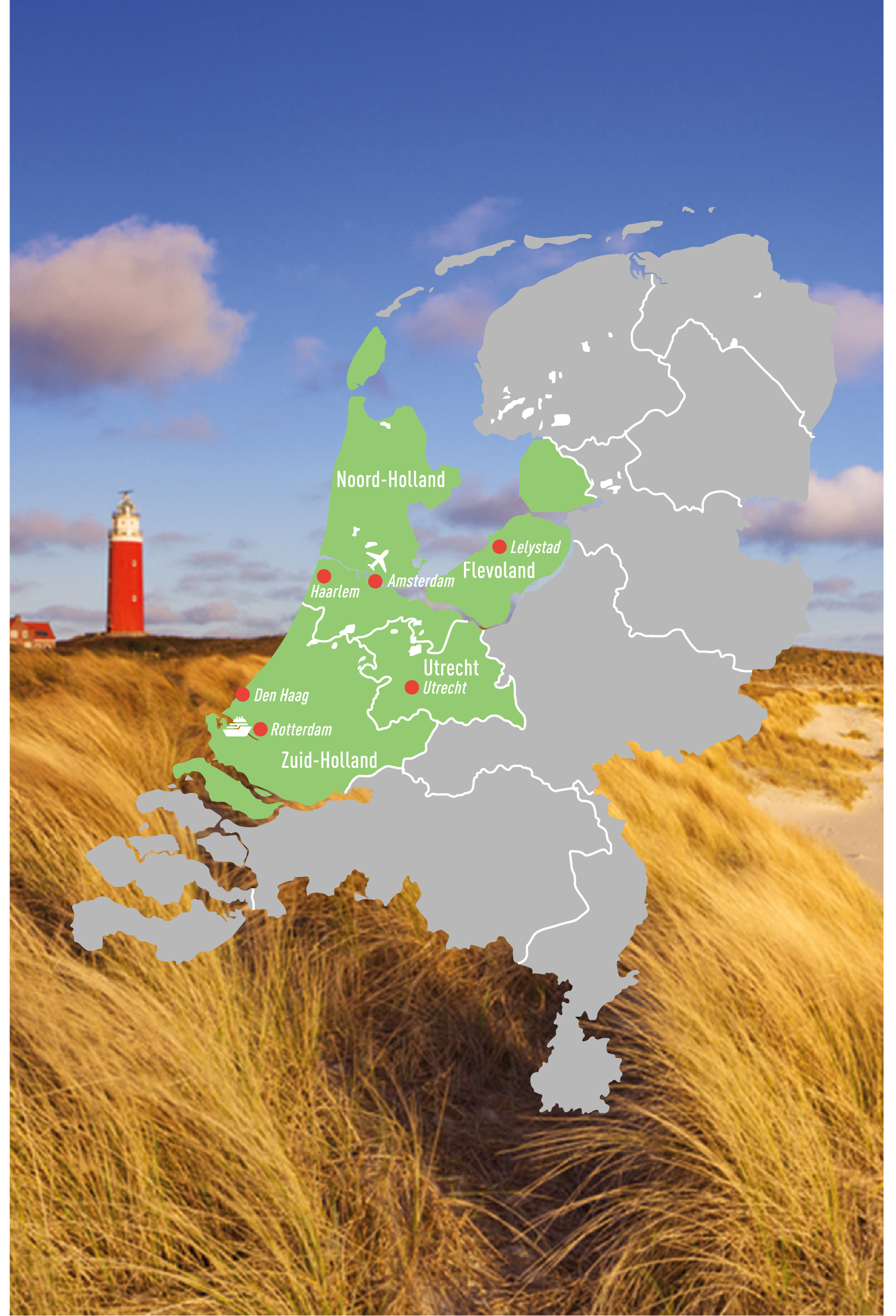 Kaart van Nederland, waarbij de provincies en gebieden die onder de randstad vallen groen zijn ingekleurd. Ook zijn de hoofdsteden voor elke provincie gemarkeerd met naam en een rood bolletje.